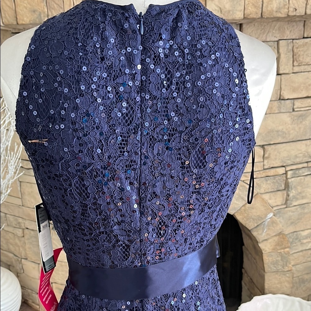 Tahari Elegant Navy Sequin Halter Dress Size 4P - Picture 5 of 6